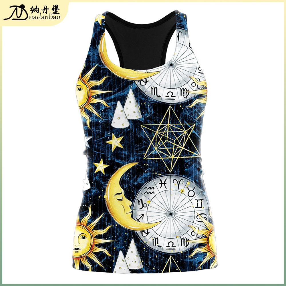 Summer Halloween new women's vest moon clock pattern print top