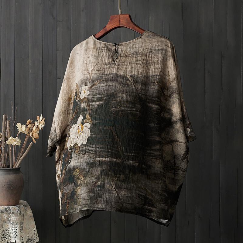 Dimanaf 2024 Summer Plus Size Women T-Shirts Print Floral Elegant Batwing Sleeve Tops Tees Loose Casual Linen Shirt 5514