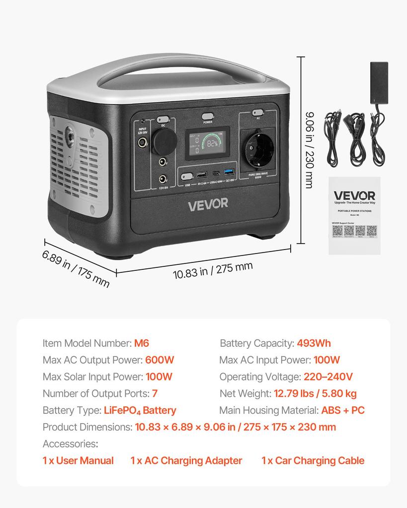 VEVOR Portable Power Station, 600W Solar Generator Power Station, 493Wh LiFePO4 Battery Backup with 7 Output Ports for Home Emergency