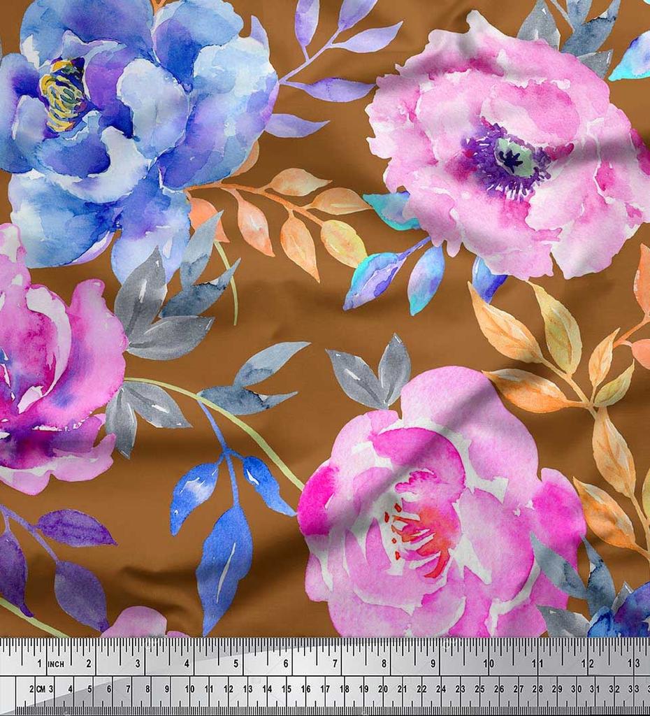 Soimoi Japan Crepe Satin Fabric Leaves & Peony Flower Print Fabric by the Metre 42 Inch