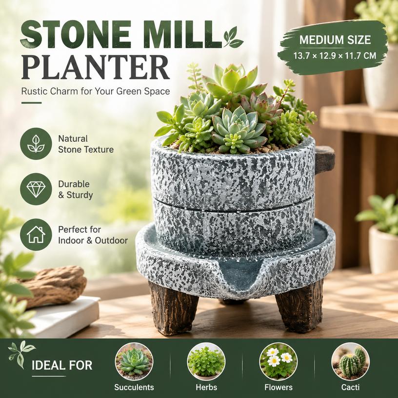 Retro European Style Cement Stone Mill Planter for Succulents and Home Decor