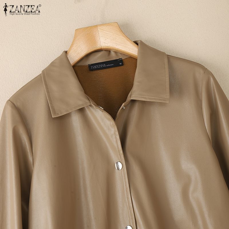 ZANZEA Damska codzienna jesienna kurtka z długim rękawem ze sztucznej skóry PU