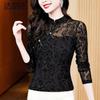 Black Mesh Bottoming Shirt for Women Long-sleeved Spring and Autumn New Chinese-style Button-down Top Foreign-style Lace Cheongsam Shirt