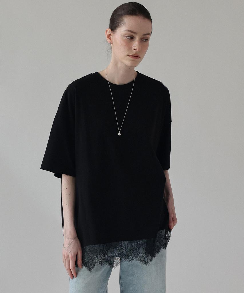 Keullaepeu Lace-Trimmed Short Sleeve T-Shirt_Black
