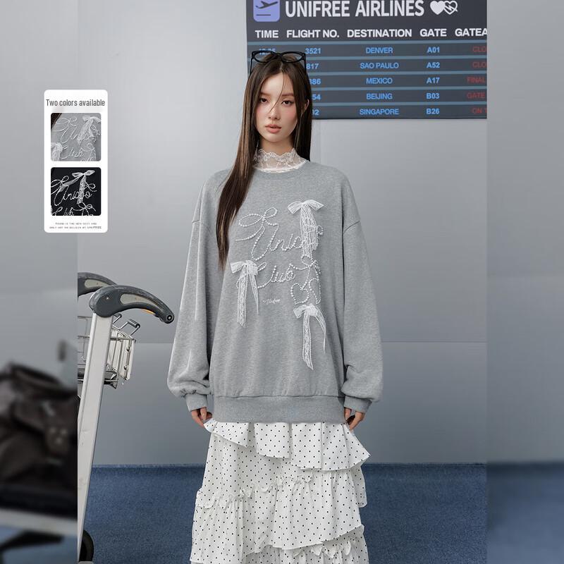 

UNIFREE Ballet Style Lace Bow Beaded Round Neck Sweatshirt S