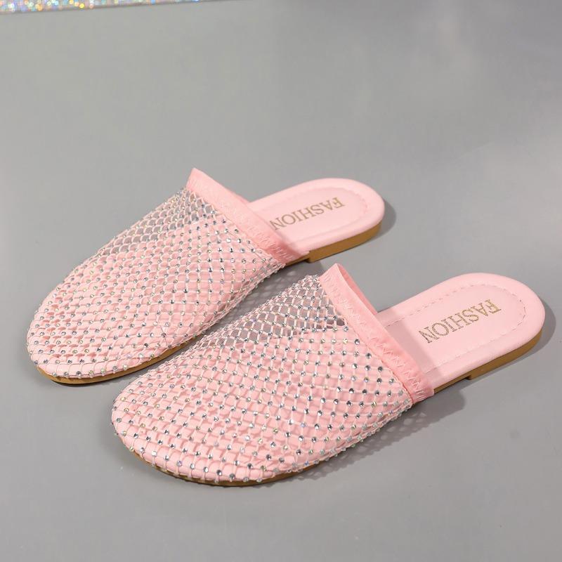 Women's Rhinestone Mesh Mules Sparkly Slip-On Flat Sandals with Fashion Insole