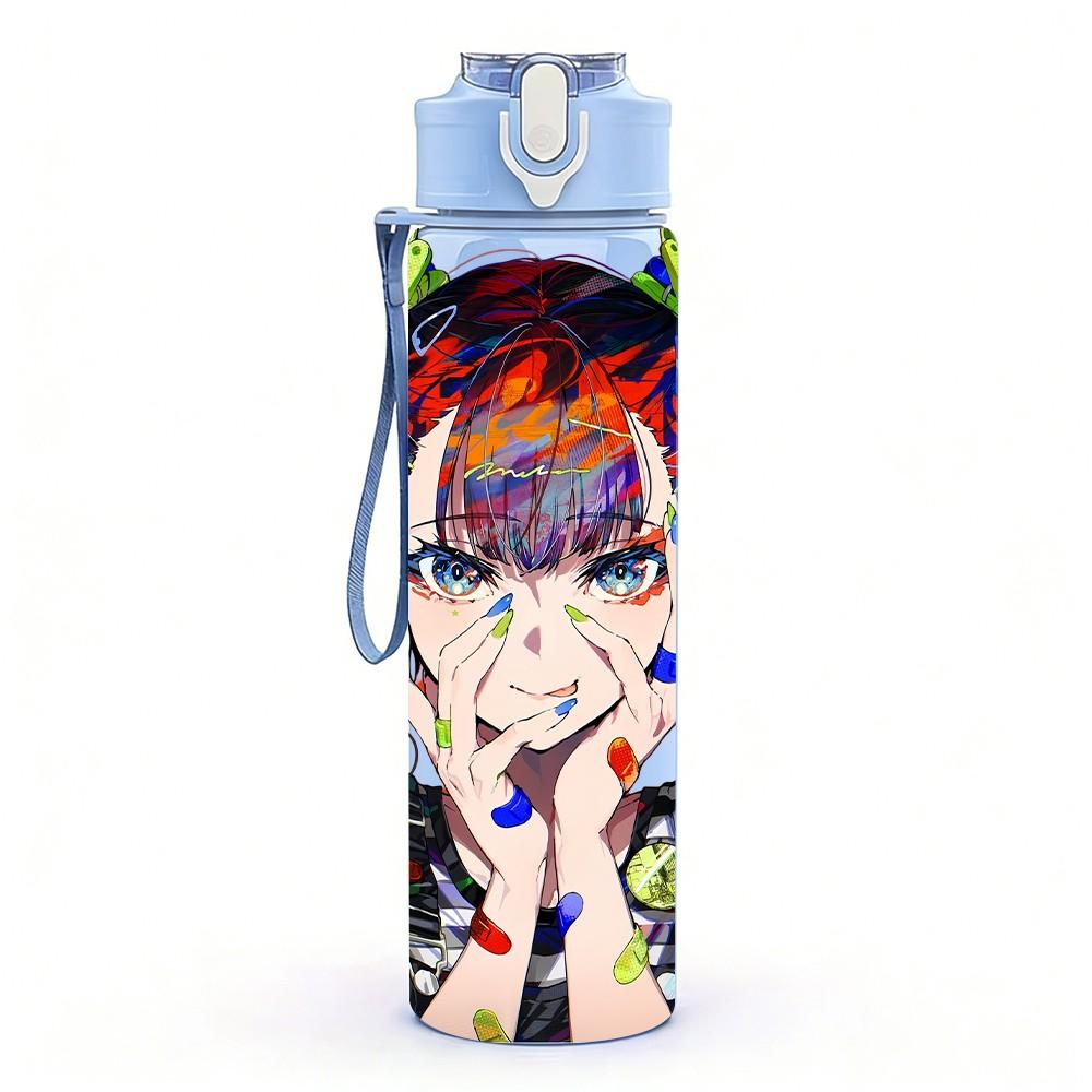 1PC Anime Boy Character Pop Graffiti Style Art 750ml Color Plastic Sports Water Bottle Leakproof Flip Straw Lid Suitable for Sports Office Home Use