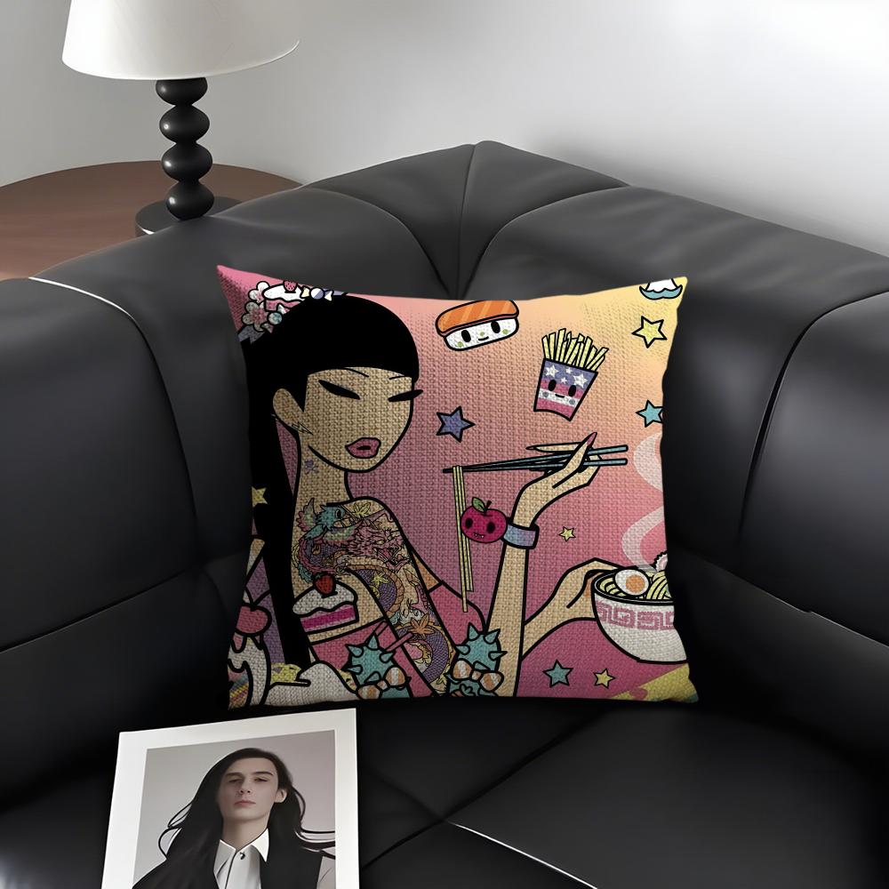 T-Tokidoki Girll Cute Cushion Cover Natural Linen Organic Fabric Double-Sided Printing Sofa Home Decor Gift Pillow Case