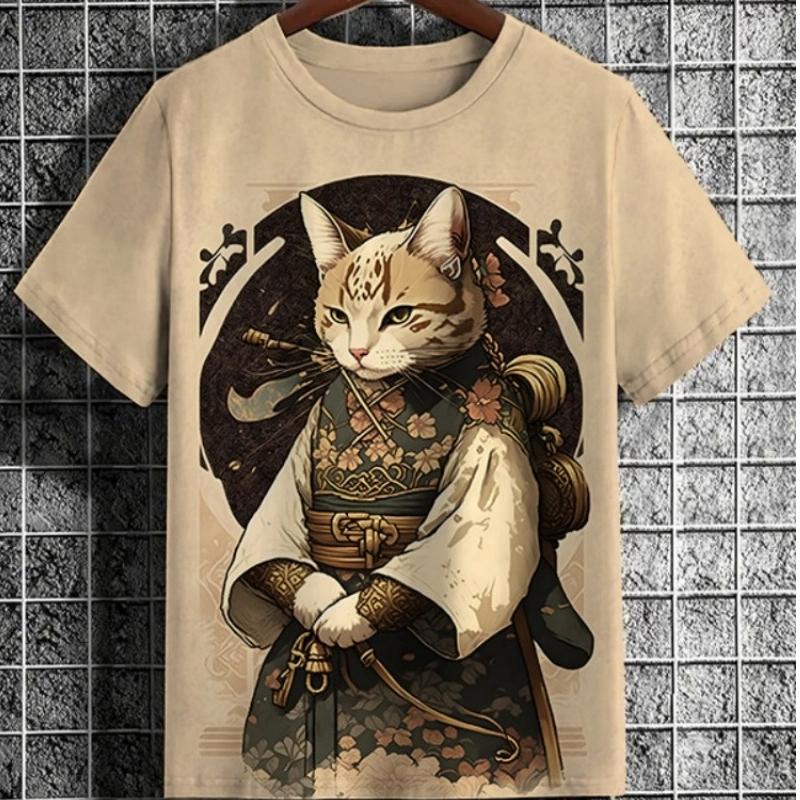 Maglietta da uomo in stile giapponese con grafica Samurai Cat, stampata in 3D, casual, a maniche corte, per esterni, abbigliamento da uomo oversize