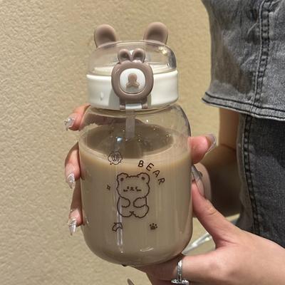 500 ml Kawaii králičí láhev na vodu Přenosný roztomilý pohárek na pití ve tvaru ucha s brčkem a víčkem Letní nádoba na pití pro venkovní kempování