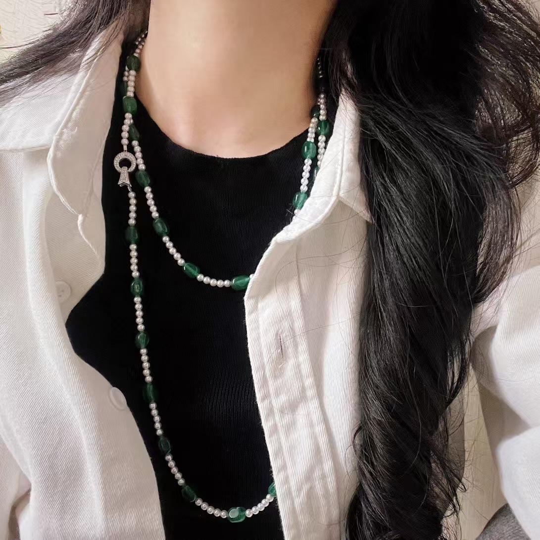 

Vintage High Quality Faux Crystal Pearl Emerald Quartz Rock Sweater Chain Necklace Collarbone Chain