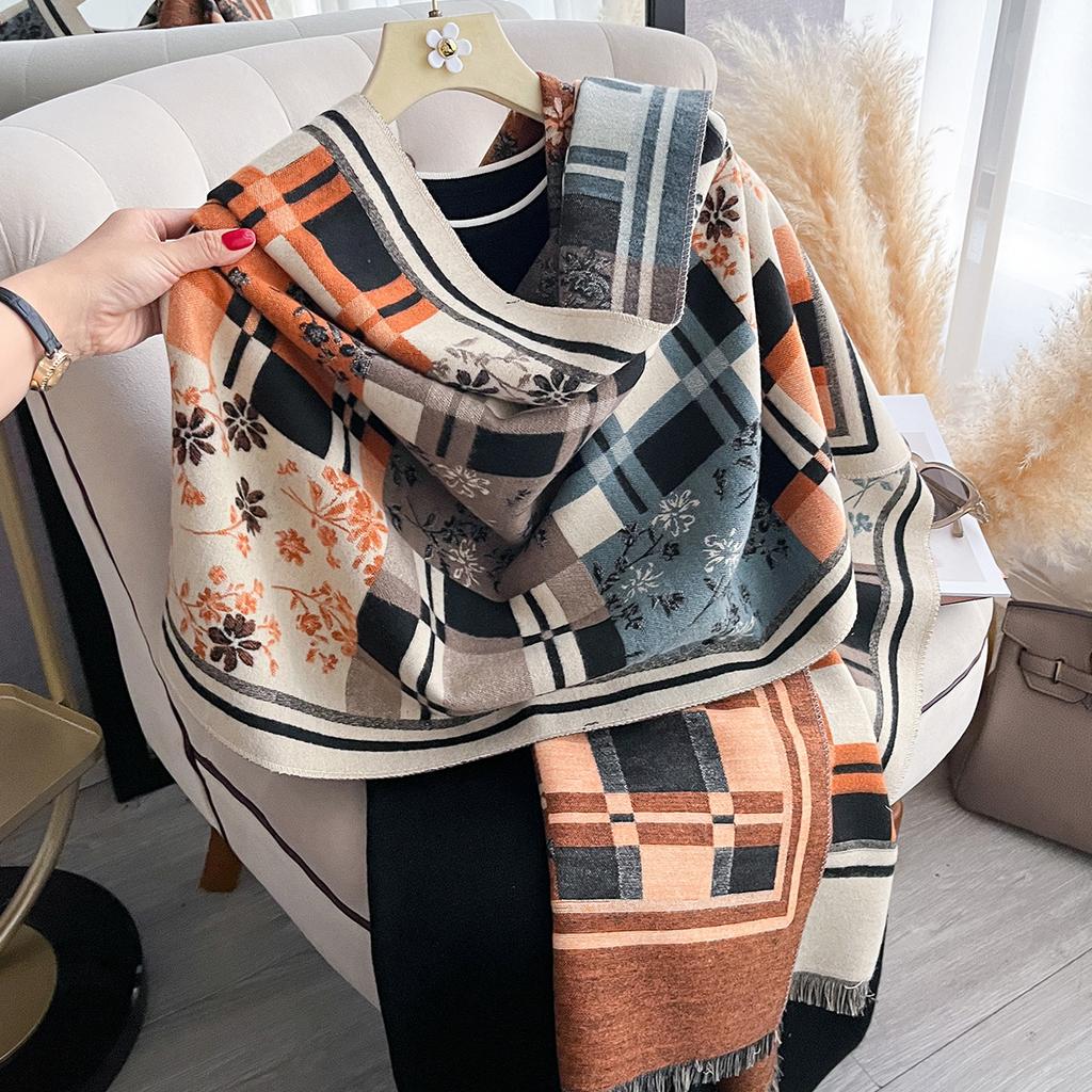 Women's Thick Warm Winter Plaid Print Imitation Cashmere Pashmina Shawl - Knitted Faux Cashmere Lady Wrap Scarf Blanket Foulard