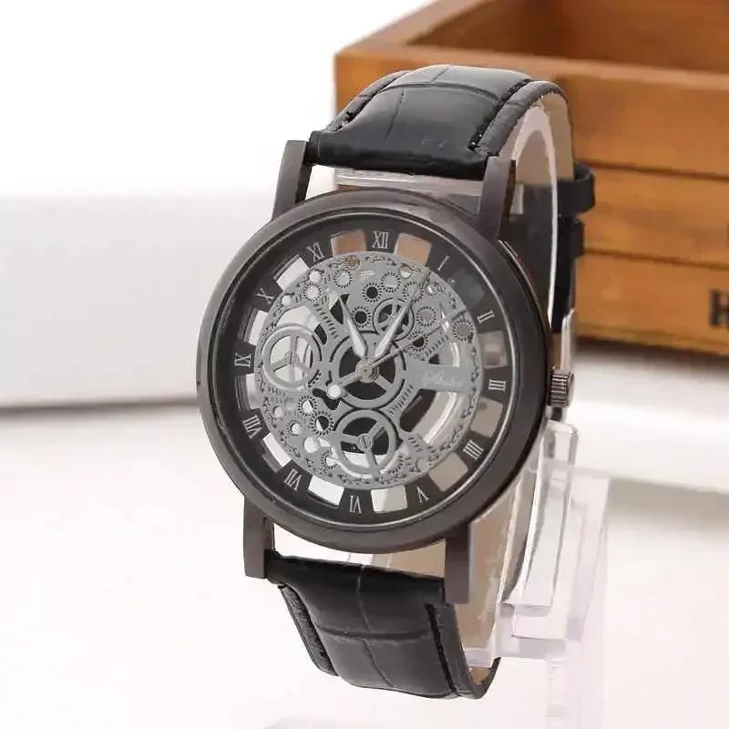 Fashion Hollow Skeleton Men Watches Quartz Leather Bracelet Strap Wristwatch Fashion Business Watches Men's Gifts
