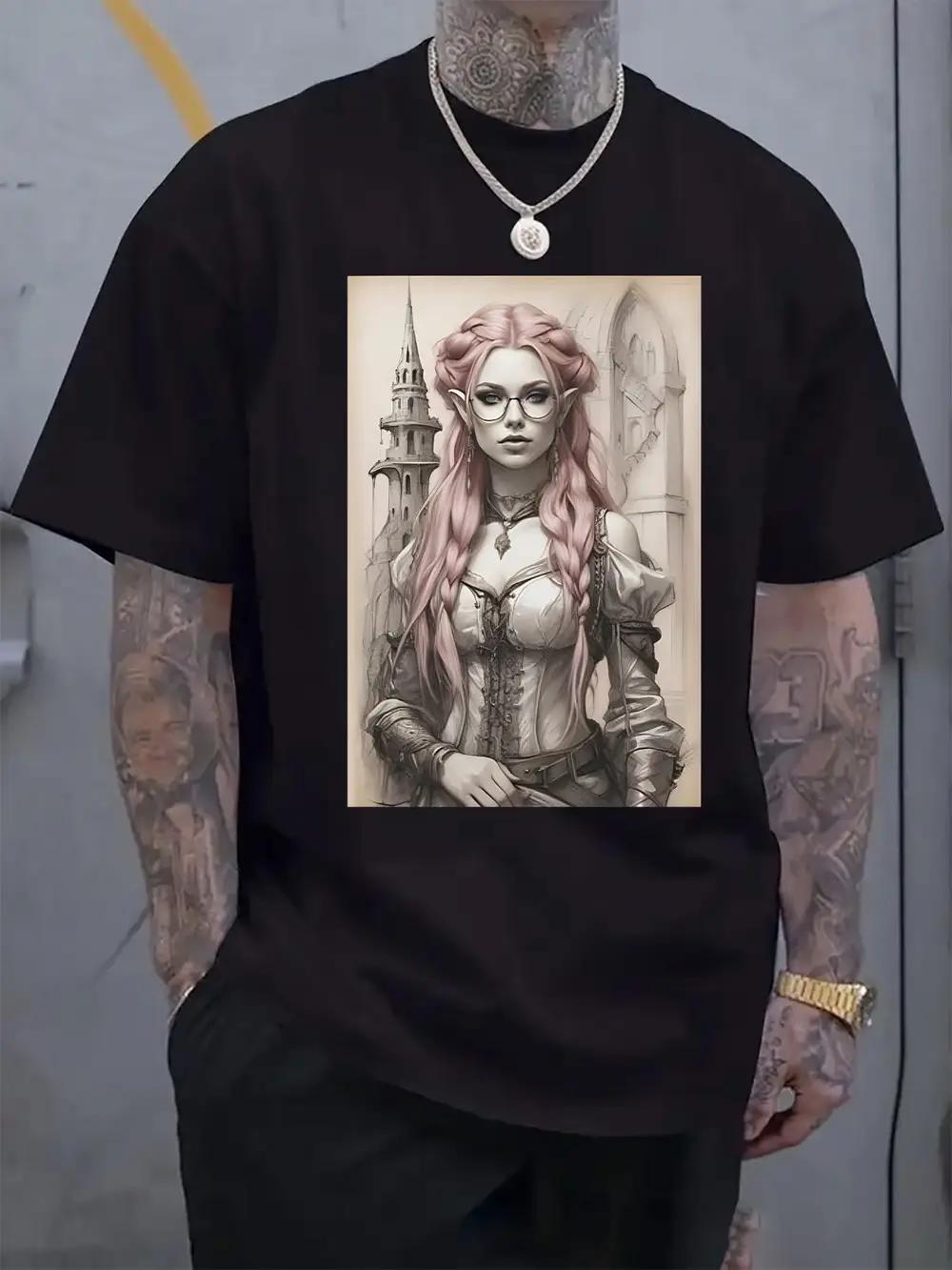 Gothic Fantasy Character Portrait Print T-shirt - Black Regular Fit Short Sleeve Round Neck Casual Summer Tee M