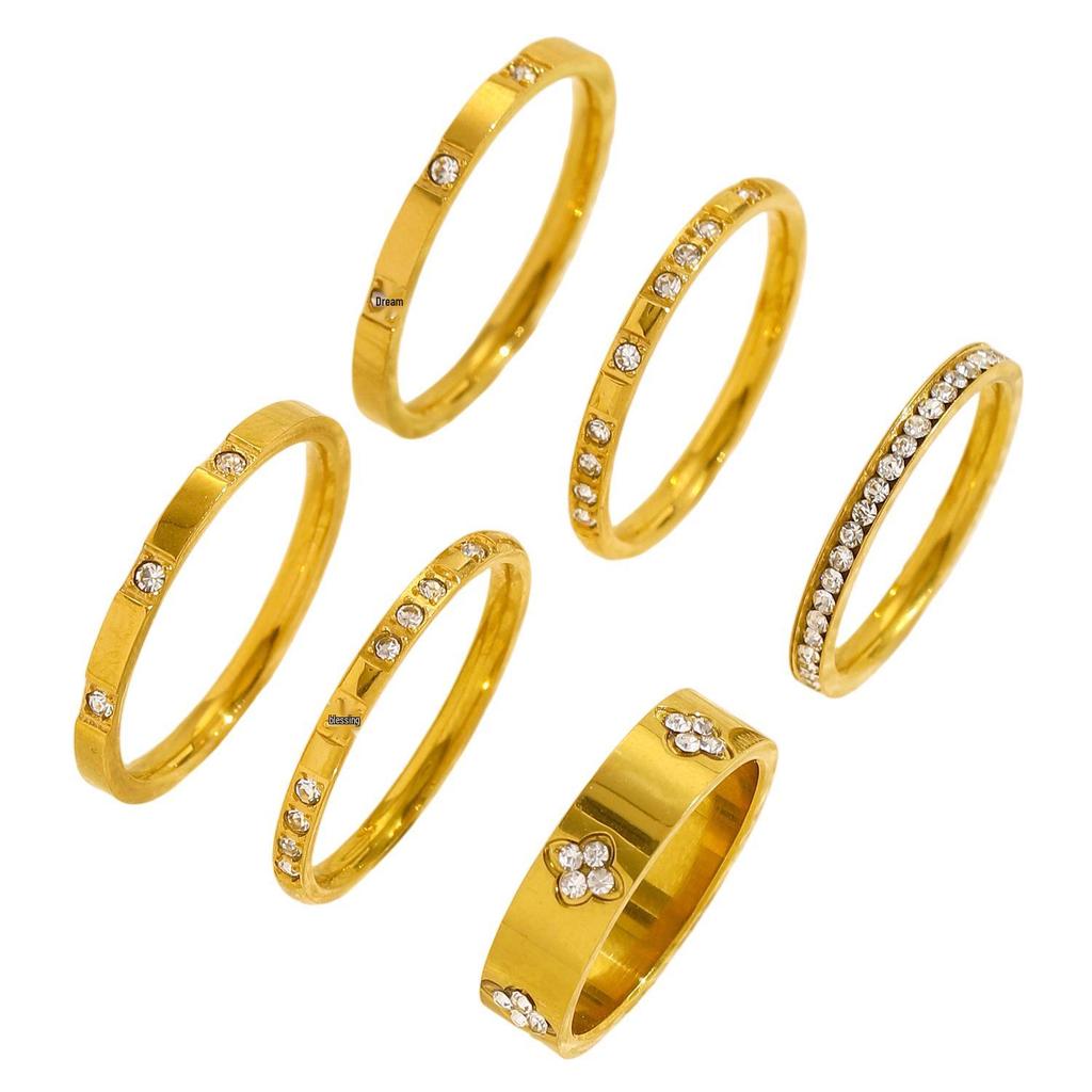 Gold-Plated Diamond-Inlaid Stainless Steel Cross Ring Set: Three-Piece Light Luxury Design with Single Row Stackable Flower Rings.