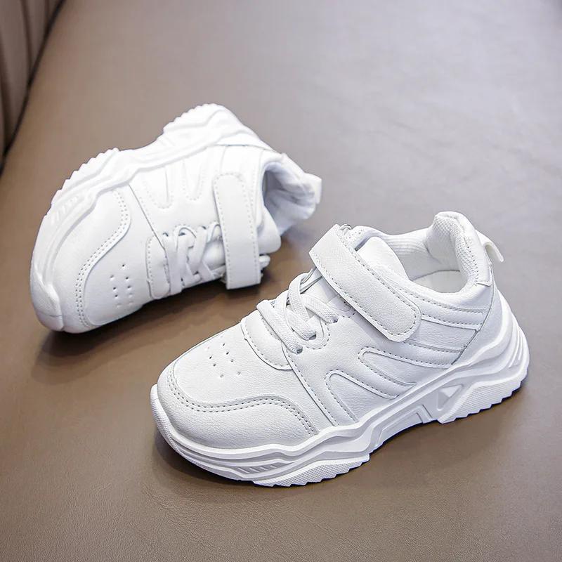 All White Girls Running Shoes Casual PU Kids Boy Tenis Shoes Comfortable Soft Bottom Spring Autumn Children Sneakers I07105