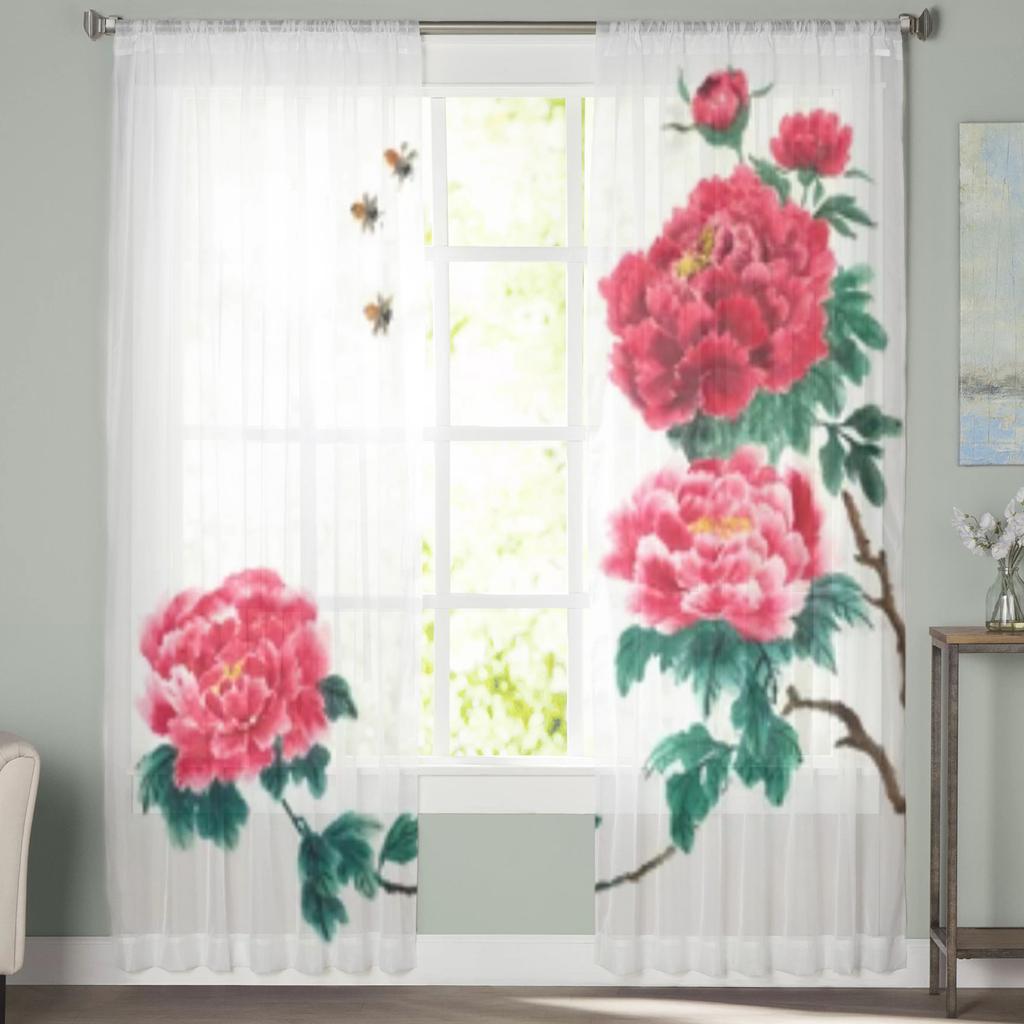 Chinese Peony Flowers Sheer Window Curtains For Living Room Bedroom Modern Voile Tulle Curtains Fabric Drapes For Kitchen