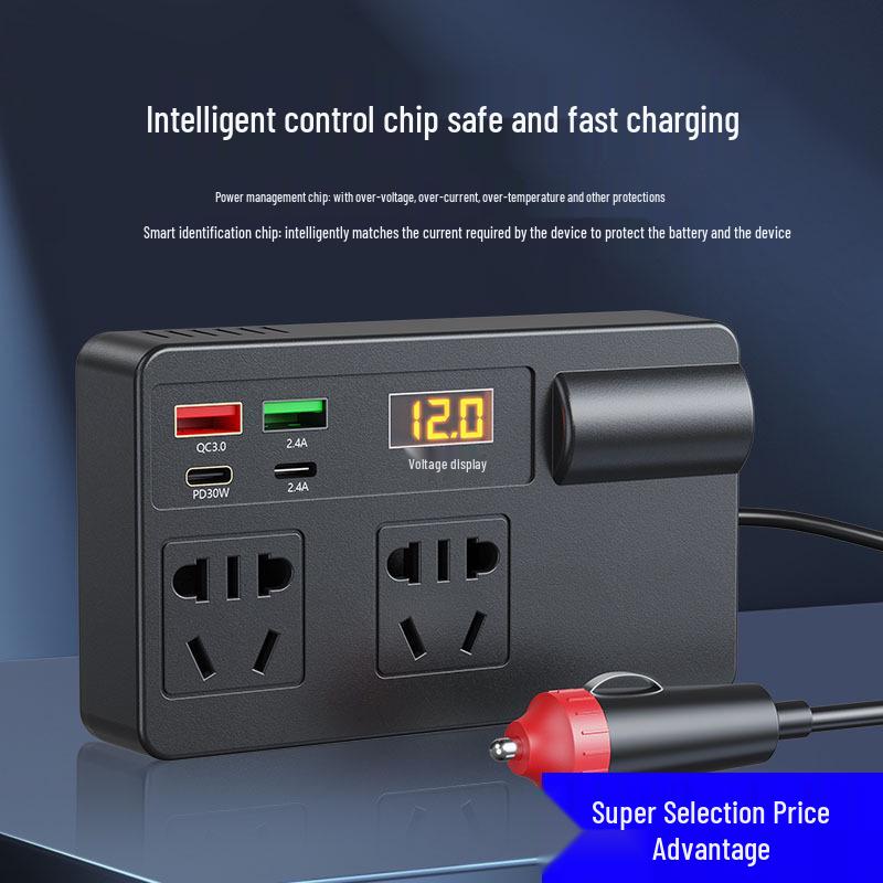 

Универсальный автомобильный инвертор и зарядное устройство: 12В/24В к 110В/220В для мобильных устройств Premium Version (With Display, Fast Charge)