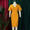Women Fashion V Neck Puff Sleeve Solid High Waist Slit Bodycon Midi Dress