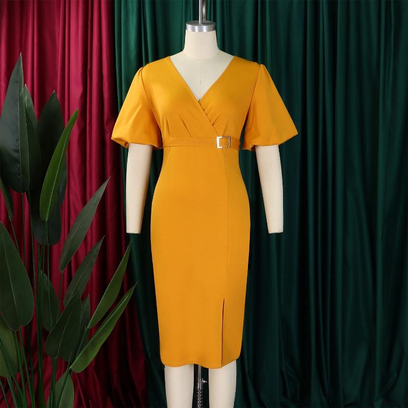 Women Fashion V Neck Puff Sleeve Solid High Waist Slit Bodycon Midi Dress