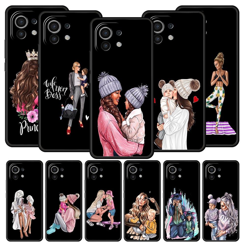 

Чехол для телефона с черными коричневыми волосами для мамы и ребенка для Xiaomi 14 13T 12T Pro 12 13 11 Ultra Mi Note 10 Lite 10T 5G 11X Pro 11T 11i 9T