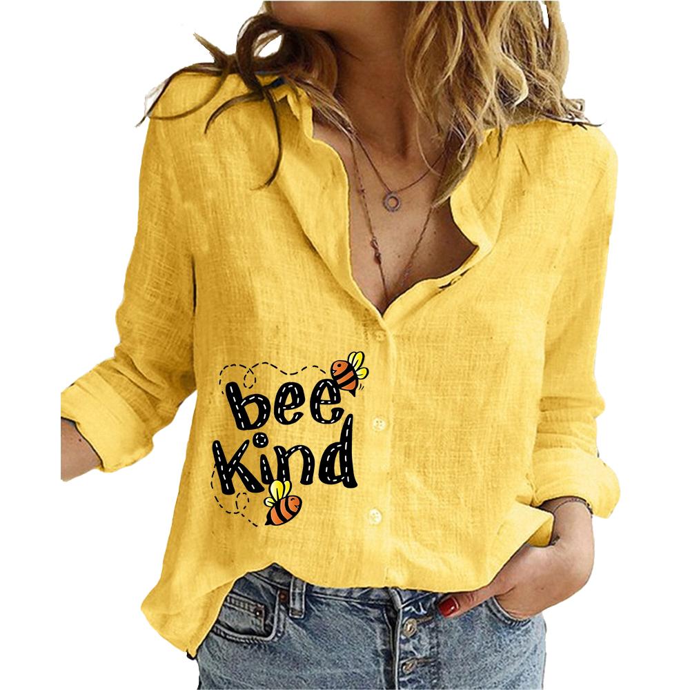 

Женская мода с длинным рукавом из хлопка и льна, летняя и осенняя свободная рубашка с принтом, женские повседневные блузки на пуговицах 5XL жёлтый