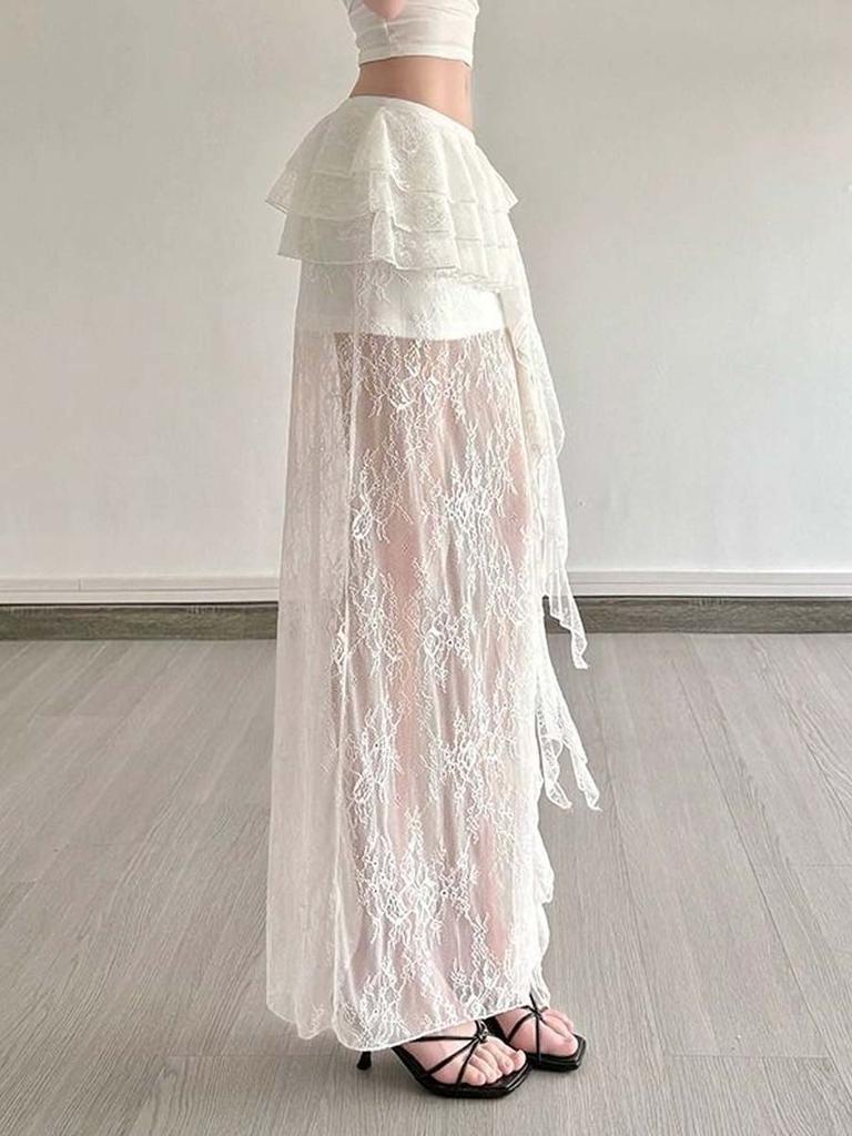 Women's Lace Mesh Skirt Y2k White Midi Skirt Elegant Bohemia Style Clothing Summer