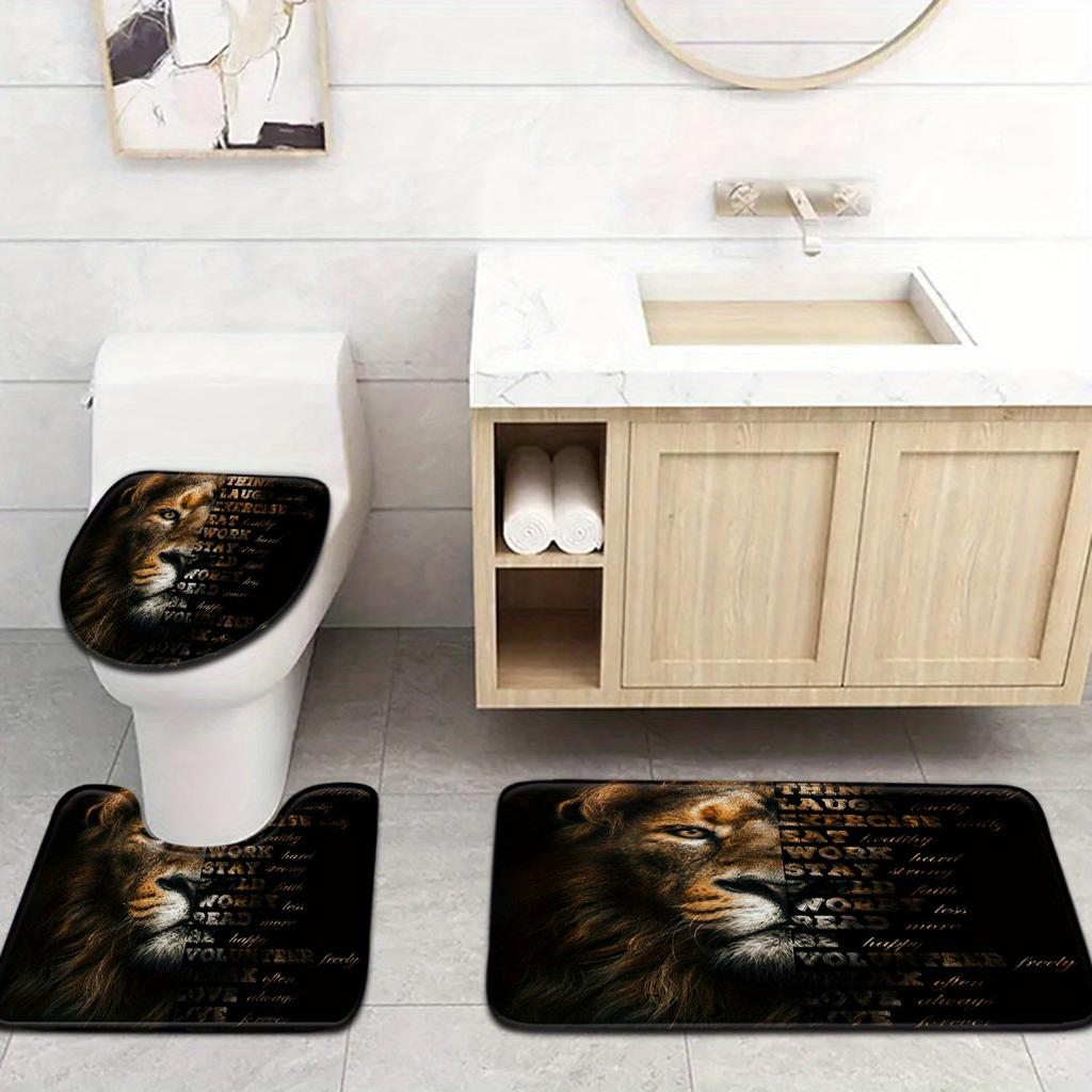 3pcs Mysterious Lion Bathroom Rug Set Non-Slip U-Shaped Mat and Toilet Lid Cover Animal Theme Washable Indoor Floor Mats