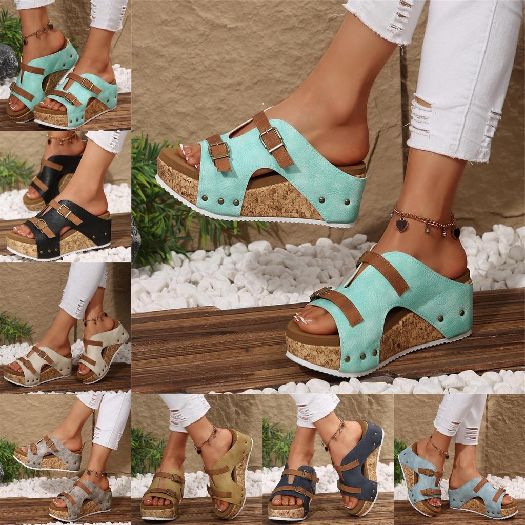 Women's Leather Sandals Easy Wear Orthopedic Comfort Non Adjustable Buckle Straps Open Toe Casual Dressy Summer Beach Outdoor Slides