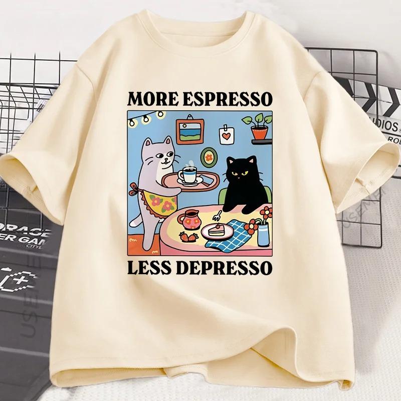 More Espresso Less Depresso Black Cat Tshirt Unisex Women Funny Coffee Cat T Shirt Casual Summer Cotton Short Sleeve Tshirt Tops