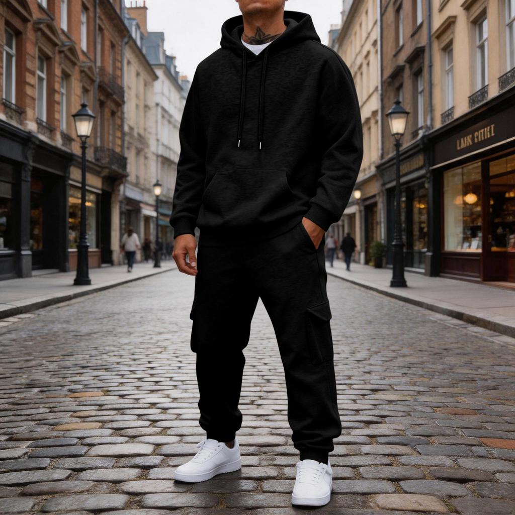 Men's 2 Piece Casual Outfit Set with Sweatshirt and Elastic Waist Cargo Jogger Pants for Outdoor Sports