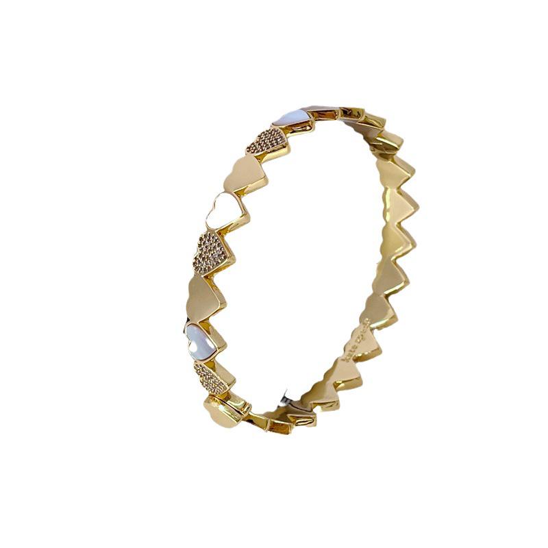 Exquisite Heart-Shaped Metal Bangle with Natural Shell & Zircon Inlay