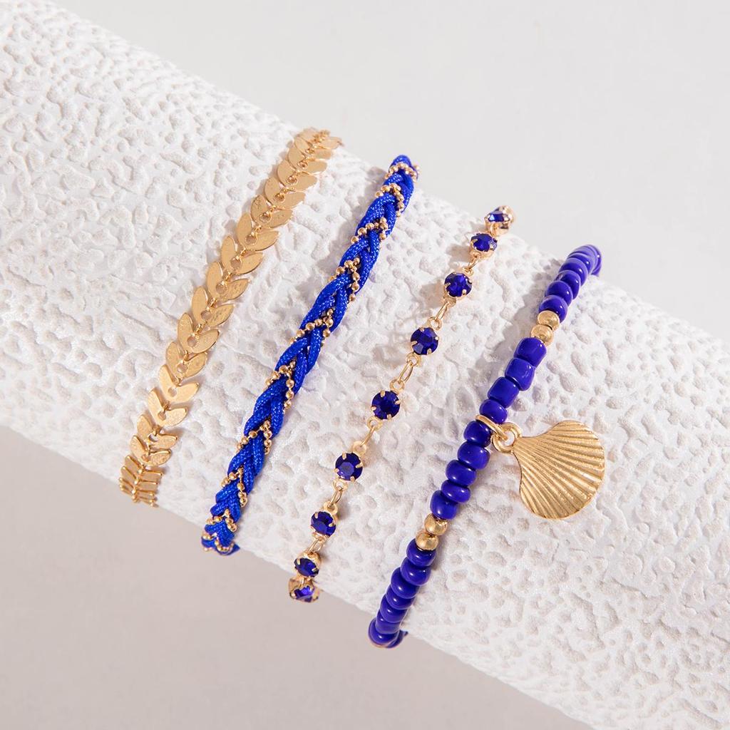 Grenzüberschreitender Schmuck, Reiskörnerperlen, Perlenketten, Geflochtene Seile, Muscheln, Geometrische Diamantbesetzte Blätter, Mehrschichtiges Armband-Set