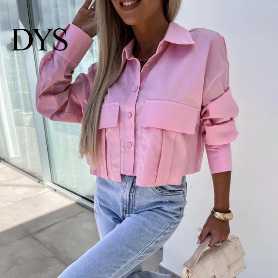 Multi-button Top Women Summer Shirt Lapel Long Sleeve Tops Basic Casual Commuting Style Cropped Single Breasted Flap Pockets Comfortable Long-sleeve