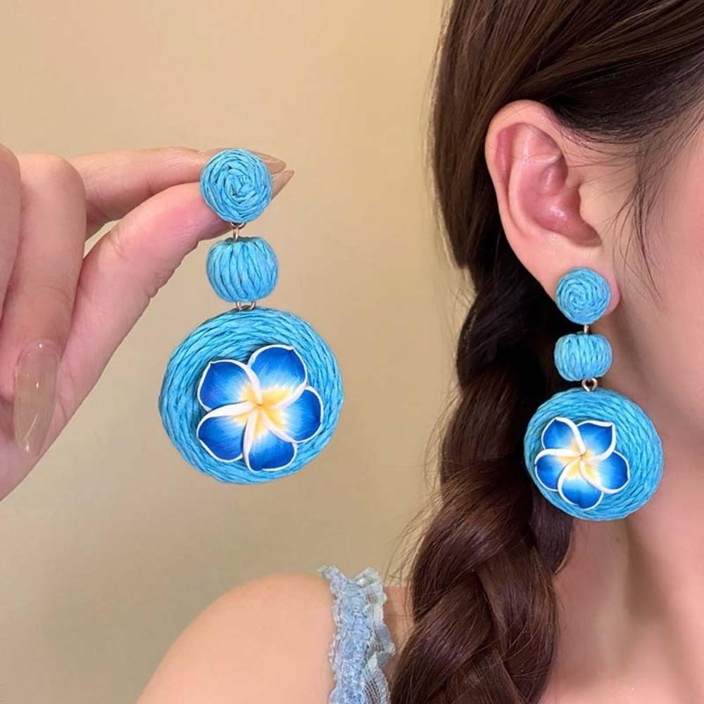 1 pair Temperament Egg Flower Earrings Bohemian Style Raffia Grass Earrings  Women