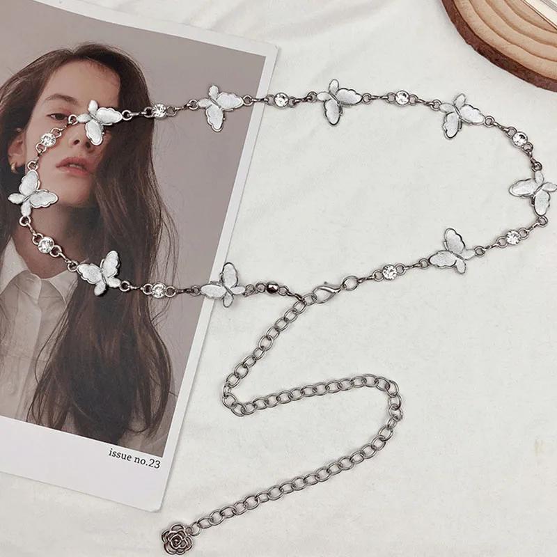 Damen Glänzender Strass Schmetterling Metallketten Lang Verstellbar Schlanker Körper Dünne Taille Kette Kleid Mantel Dekorative Riemen Accessoires