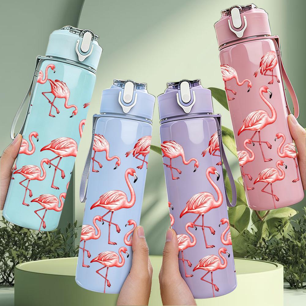 1 Stück Flamingo-Gruppe Herzform 750ml Farbe Kunststoff Sport-Wasserflasche Auslaufsicher Klappdeckel mit Strohhalm Geeignet für Sport, Büro, Heimgebrauch