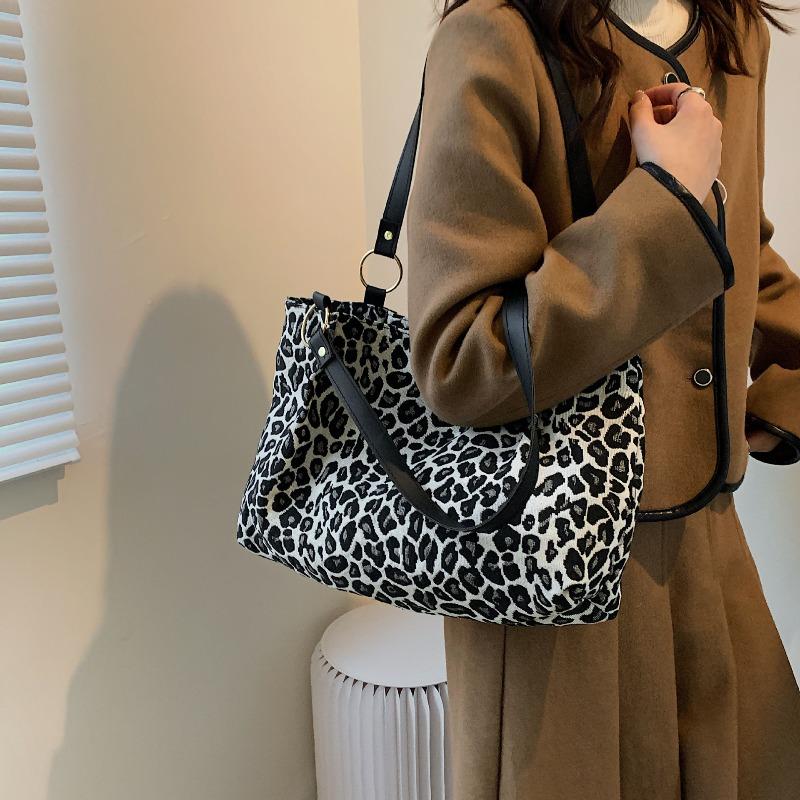 Damen Leo-Print Tragetasche Große Kapazität Umhängetasche Wintermode Corduroy Handtasche