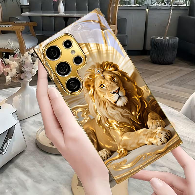 Royal Lion Portrait Electroplated Golden Phone Case For Samsung Galaxy S25 S24 S26 S23 S22 S21 S20 Ultra Plus FE S26 Glass Cover