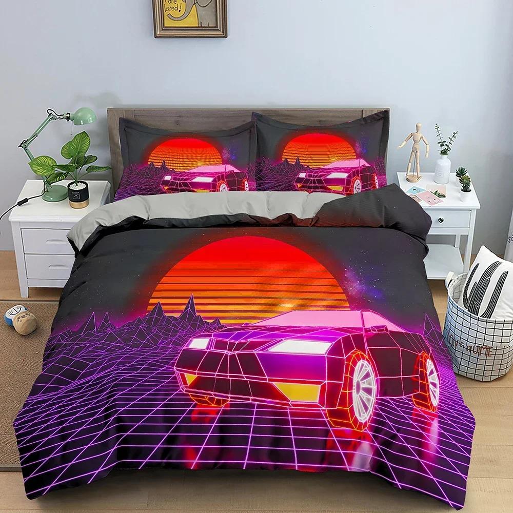 Retro Bedding Set Abstract Duvet Cover Set Waves And Sunset Pattern Comforter Cover With Pillowcase King Queen Home Textiles