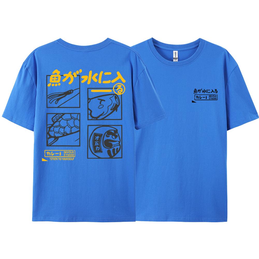 Summer Japanese Retro Fish Letter Printed Round Neck T-shirt for Men in Large Size Loose Couple Neutral Pure Cotton Short Sleeve