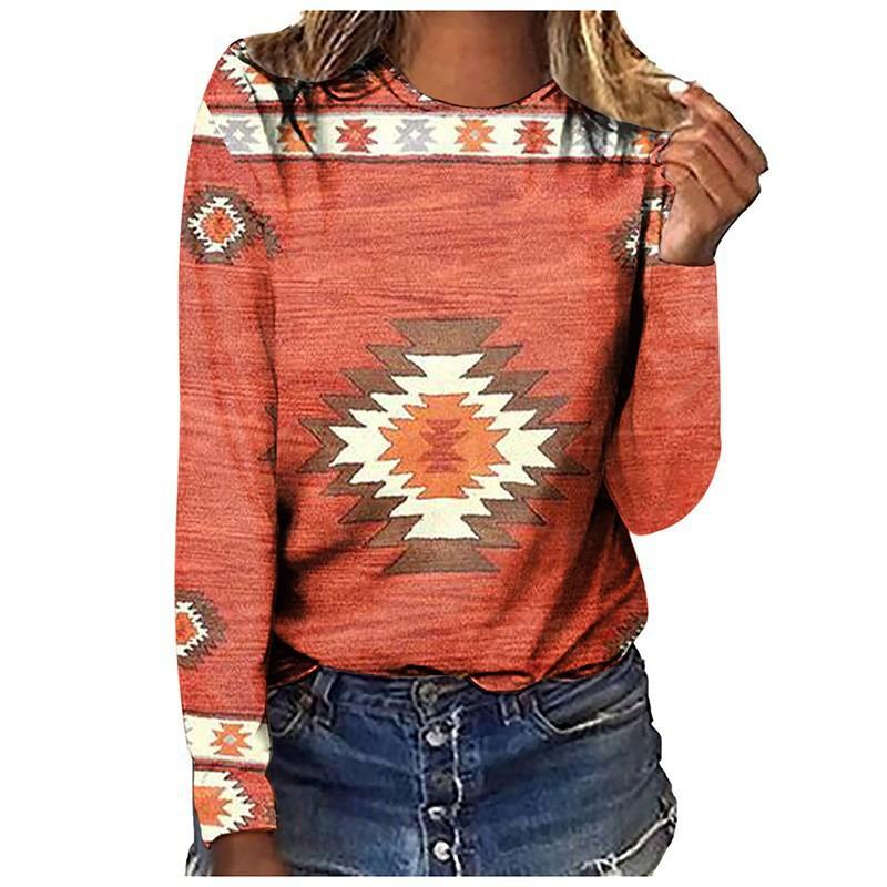 Spring and Autumn Round Neck 3D Retro Ethnic Style Printed Top Fashionable Casual Long Sleeved Women's T-shirts