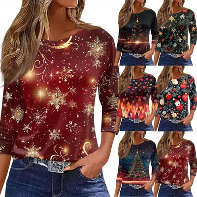 Women's T Shirt Christmas Print 3/4 Sleeve Daily Weekend Fashion Basic Round Neck Regular Top