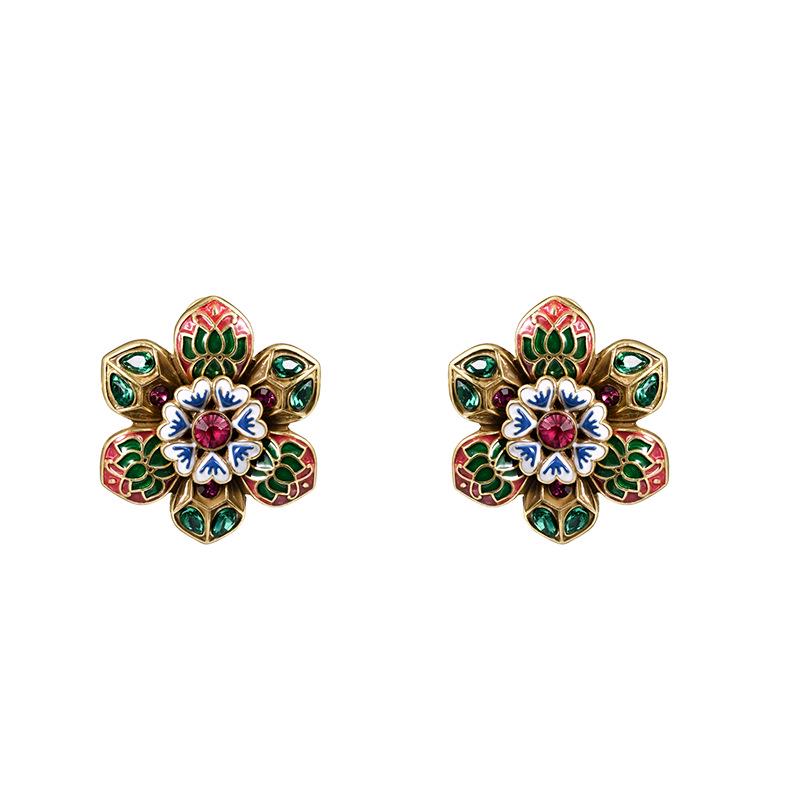 Retro Ethnic Enamel Emerald Flower Zen Lotus Silver Stud Earrings