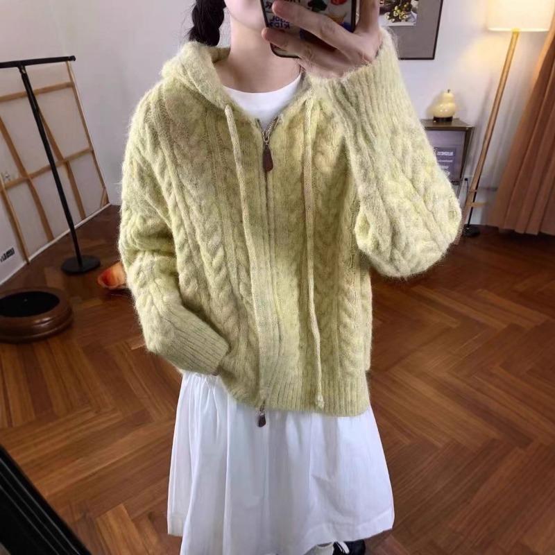 Lazy wind hooded double zipper sweater jacket women's autumn and winter new long camel hair loose twist versatile knitted cardigan