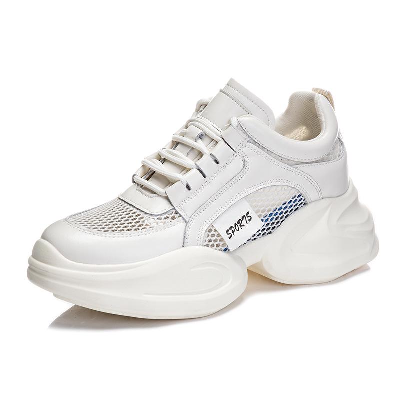 Women's 2024 Summer White Mesh & Leather Height-Enhancing Casual Shoes with Thick Sole.
