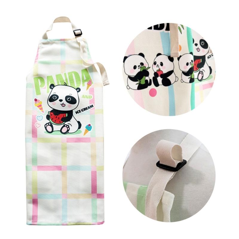 Unisex Child Apron for Cooking and Art Checkered Panda Pattern, Water Resistant, Easy Cleaning For 3 to 8 Years Old