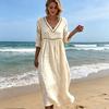 Summer Linen Dress for Women, Casual Beach A-Line Flowy Sundress, Short Sleeve V Neck Hollow Eyelets Long Dress