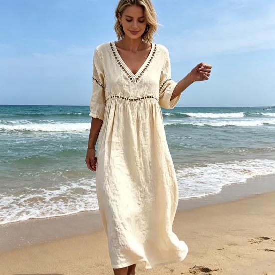 Summer Linen Dress for Women, Casual Beach A-Line Flowy Sundress, Short Sleeve V Neck Hollow Eyelets Long Dress