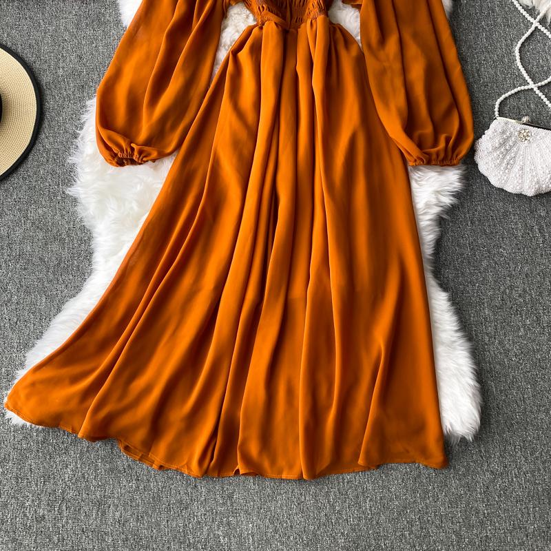 Gentle Style Dress Autumn SpringNew Female French Retro Square Collar Foreign Style Bubble Sleeve Chiffon Dresses